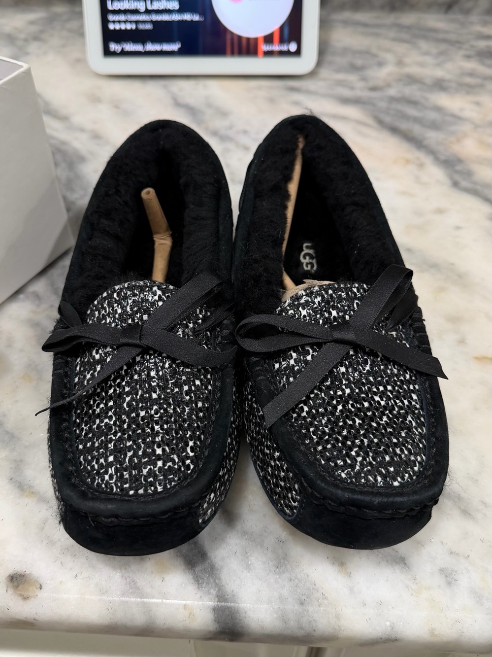 UGG Black & White Tweed Moccasin Slippers